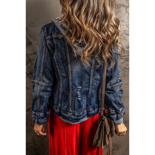 Dark Blue Fake Two-Piece Hooded Zip-Up Denim Jacket - L - Main Image
