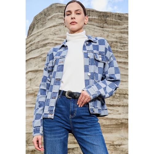 Light Blue Checkered Patchwork Button up Denim Jacket - L - Main Image