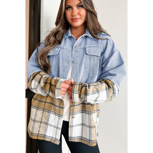 Khaki Plaid Patchwork Buttoned Oversized Denim Jacket - S - Main Image