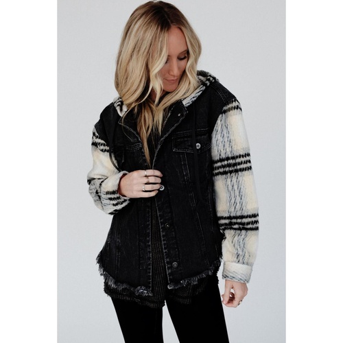 Black Plaid Sleeve Frayed Hem Hooded Denim Jacket - S - Main Image