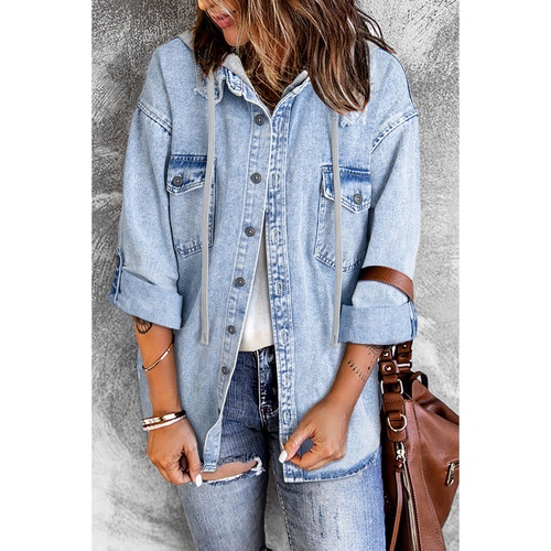 Mist Blue Oversized Contrast Hooded Denim Jacket - L - Main Image