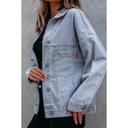 Sky Blue Stripe Washed Oversize Pocketed Denim Jacket - L - Main Image