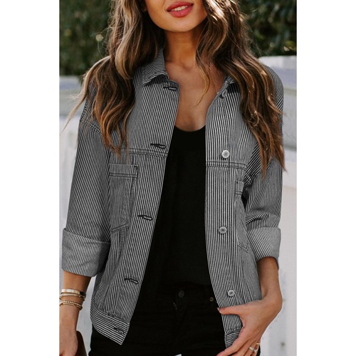 Blue Stripe Washed Oversize Pocketed Denim Jacket - L - Main Image