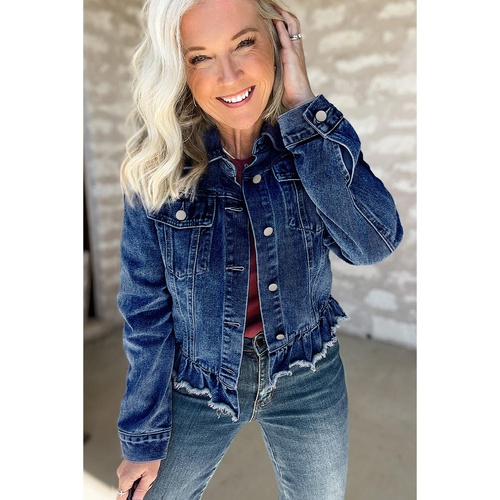 Navy Blue Ruffle Raw Hem Flap Pockets Denim Jacket - 2XL - Main Image