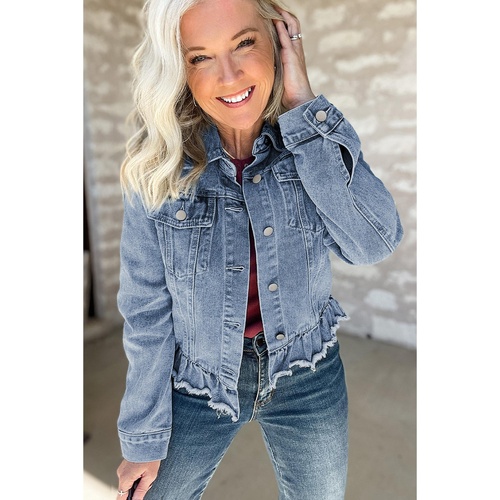 Beau Blue Ruffle Raw Hem Flap Pockets Denim Jacket - S - Main Image