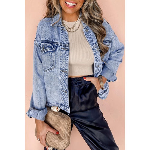 Beau Blue Vintage Washed Flap Pockets Denim Jacket - L - Main Image