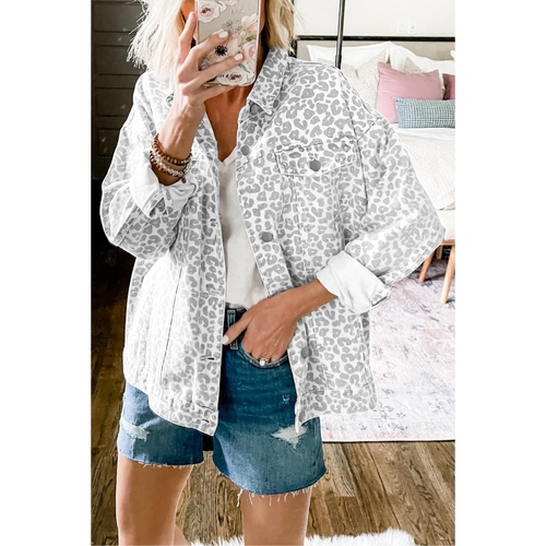 White Leopard Printed Flap Pocket Denim Jacket - S - Main Image