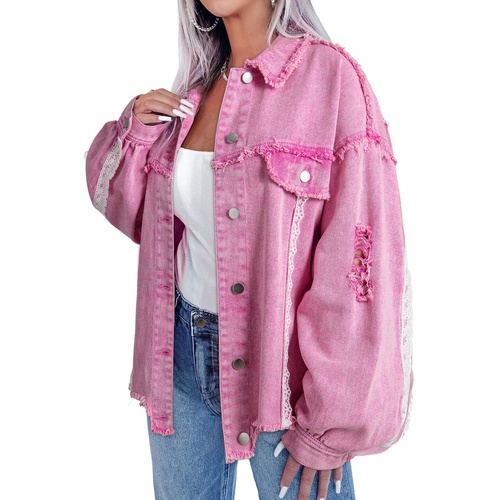 Pink Lace Patchwork Distressed Buttoned Denim Jacket - L - Main Image