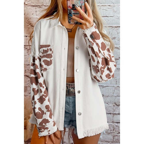 White Cow Spot Patchwork Flap Pocket Distressed Hem Long Denim Jacket - S - Main Image
