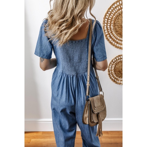 Ashleigh Blue V Neck Short Sleeve Smocked Back Denim Loose Jumpsuit - M - Main Image