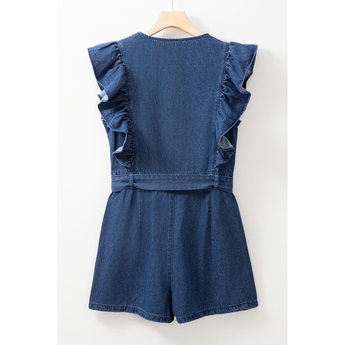 Sail Blue Denim Ruffled Zipped Front Belted Romper - S - Main Image