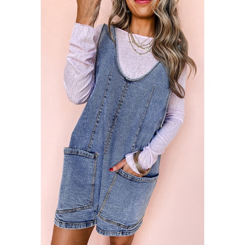 Dusk Blue Sleeveless U Neck Patched Pocket Denim Romper - L - Main Image