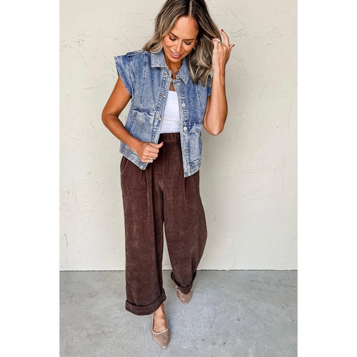 Ashleigh Blue Acid Wash Elastic Hem Button Up Denim Vest - L - Main Image