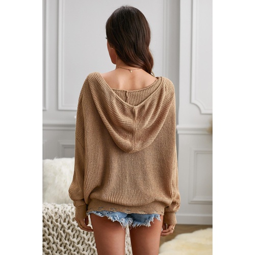 Khaki Zipper V-neck Dropped Sleeve Hooded Solid Sweater - 2XL - Main Image