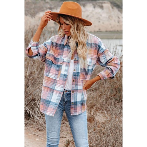Pink Black/Pink Plaid Flap Pockets Shacket - L - Main Image
