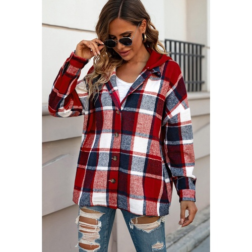 Azura Exchange Red Hooded Plaid Button Front Shacket - 2XL - Main Image