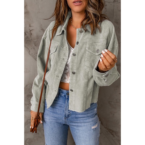 Sky Blue Raw Hem Flap Pockets Cropped Corduroy Jacket - L - Main Image