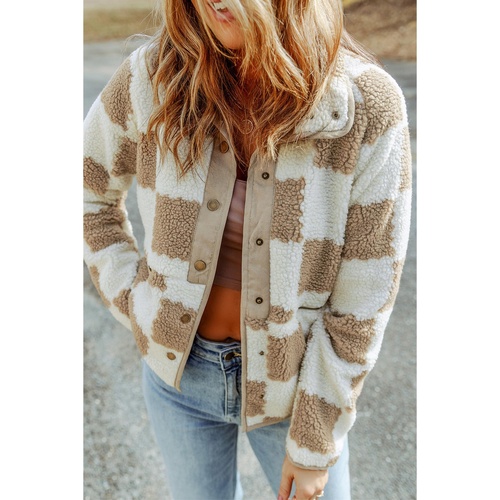 Brown Checked Snap Button Sherpa Jacket - XL - Main Image