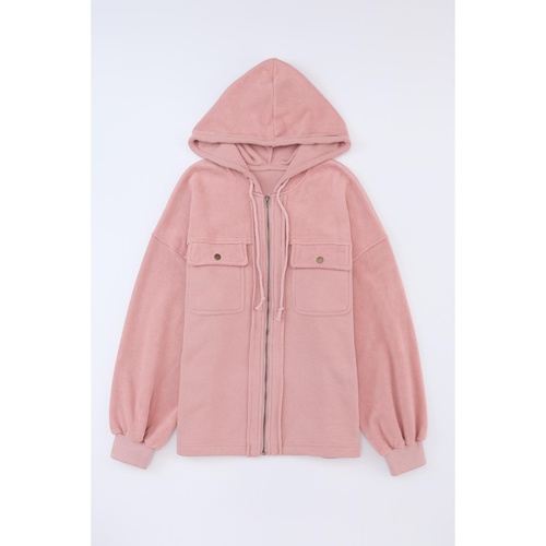 Pink Flap Pocket Drawstring Hood Zip Up Jacket - M - Main Image