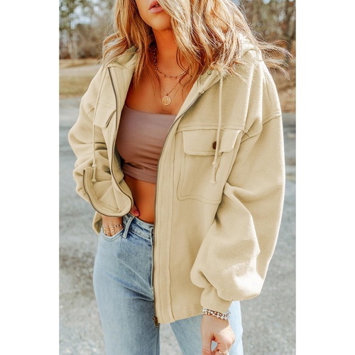 Apricot Flap Pocket Drawstring Hood Zip Up Jacket - L - Main Image