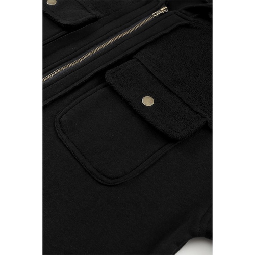 Black Flap Pocket Drawstring Hood Zip Up Jacket - M - Main Image