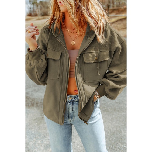 Green Flap Pocket Drawstring Hood Zip Up Jacket - L - Main Image