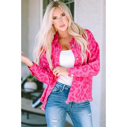 Pink Leopard Print Button Cuffs Raw Hem Jacket - XL - Main Image