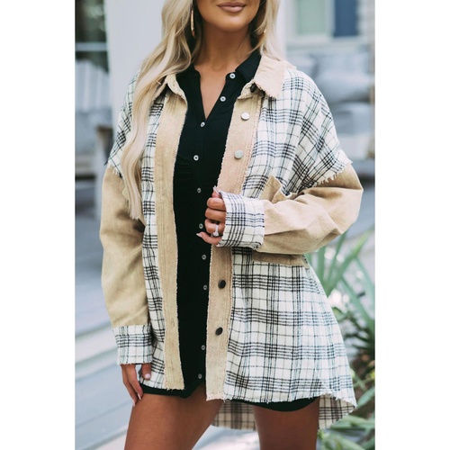 Khaki Distressed Raw Edge Plaid Patchwork Denim Jacket - M - Main Image