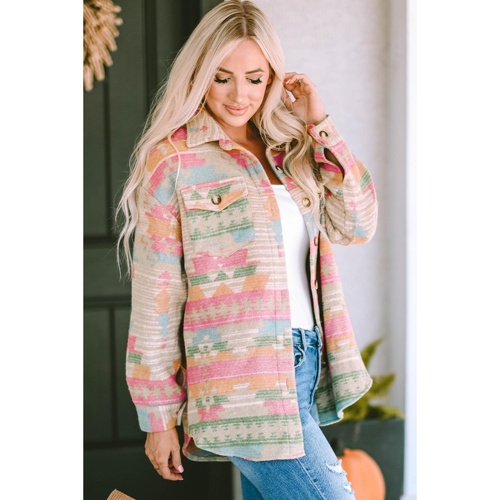 Azura Exchange Multicolor Western Aztec Print Button Flap Pocket Shacket - XL - Main Image