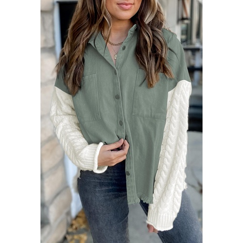Green Cable Knit Sleeve Raw Hem Shacket - S - Main Image