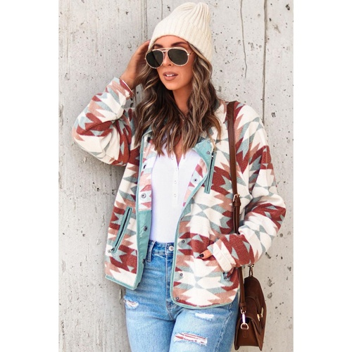 Azura Exchange Red Western Aztec Buttoned Zipper Pockets Fleece Jacket - S - Main Image