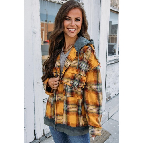 Orange Plaid Patch Hooded Frayed Snap Button Jacket - L - Main Image