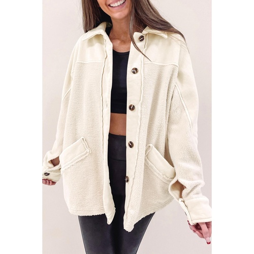 Beige Button-Up Stitching Pocket Raw Hem Shacket - L - Main Image