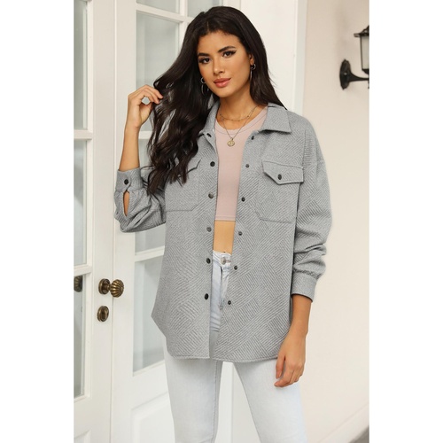 Gray Solid Textured Flap Pocket Buttoned Shacket - S - Main Image