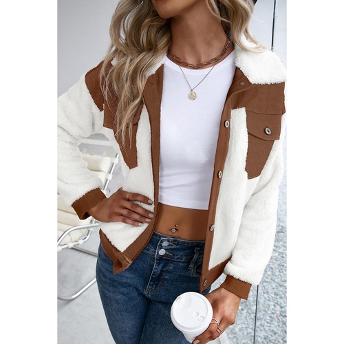 Chestnut Corduroy Color Block Contrast Patchwork Fuzzy Jacket - S - Main Image