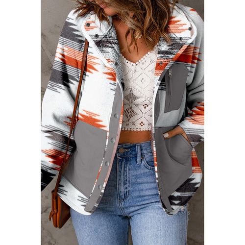 Multicolour Aztec Fleece Patchwork Snap Button Jacket - M - Main Image