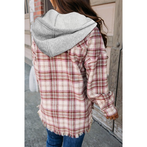 Multicolour Plaid Flap Pocket Hooded Raw Hem Jacket - L - Main Image