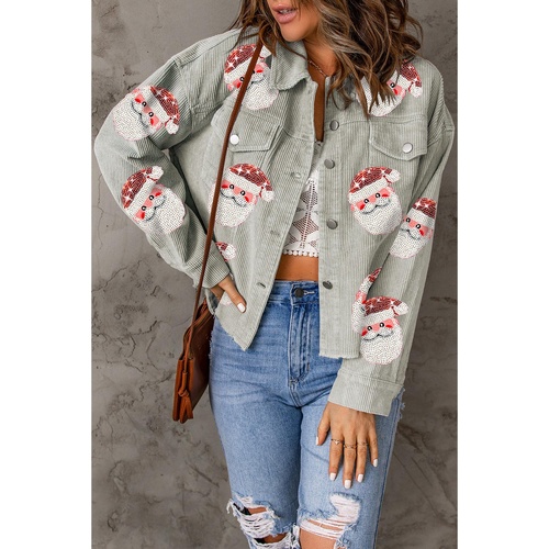 Sky Blue Sequined Santa Claus Flap Pocket Corduroy Jacket - L - Main Image