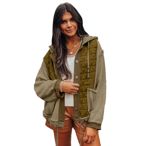 Jungle Green Quilted Textured Patchwork Loose Fit Hooded Jacket - L - Main Image