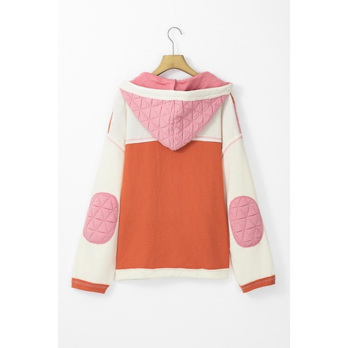 Coral Quilted Textured Patchwork Loose Fit Hooded Jacket - M - Main Image