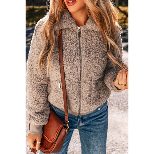 Light French Beige Zipper Pocketed Winter Fuzzy Jacket - L - Main Image