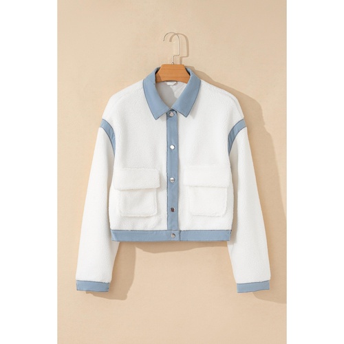 White Contrast Trim Buttoned Sherpa Jacket - XL - Main Image