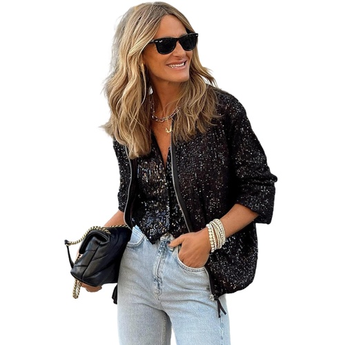 Black Sequin Zip up Round Neck Long Sleeve Jacket - M - Main Image