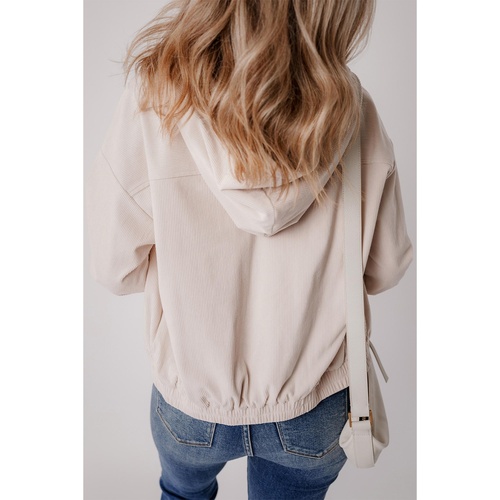White Corduroy Drawstring Hooded Pocket Zip Up Jacket - L - Main Image