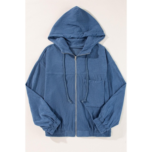 Real Teal Corduroy Drawstring Hooded Pocket Zip Up Jacket - L - Main Image