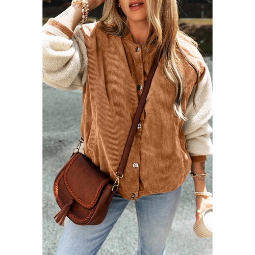 Buckskin Corduroy Fleece Patchwork Buttoned Bomber Jacket - M - Main Image