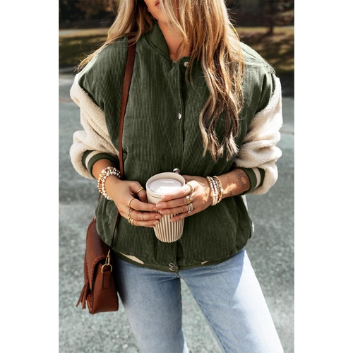 Mist Green Corduroy Fleece Patchwork Buttoned Bomber Jacket - XL - Main Image