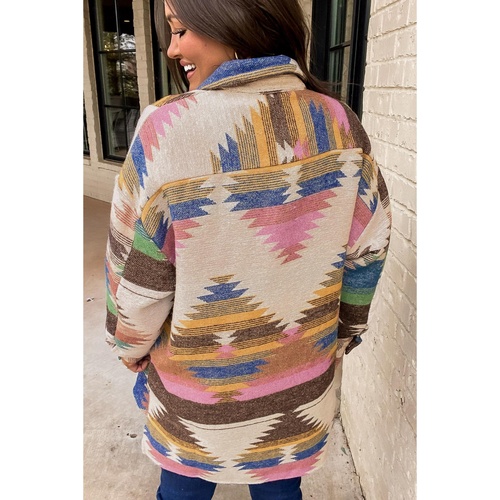 White Aztec Print Button Up Shacket - L - Main Image