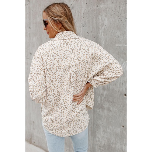 Beige Leopard Print Flap Pockets Buttoned Corduroy Shacket - L - Main Image