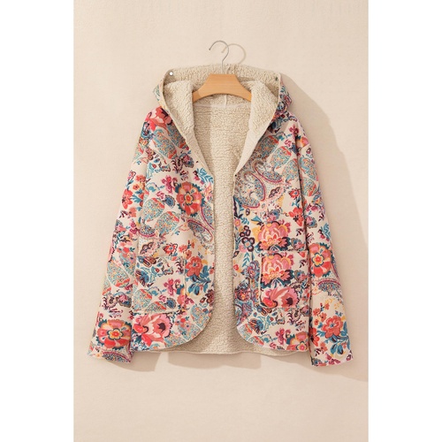 Azura Exchange Beige Vintage Paisley Floral Printed Sherpa Lined Hooded Jacket - S - Main Image